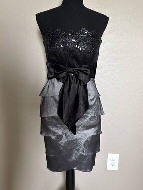 Strapless Black & Silver Tiered Cocktail Dress with Bow